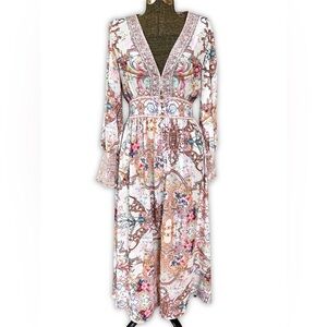 Boho Baroque Floral Maxi Dress Flowy Long Sleeve V Neck Scarf Print Cottagecore